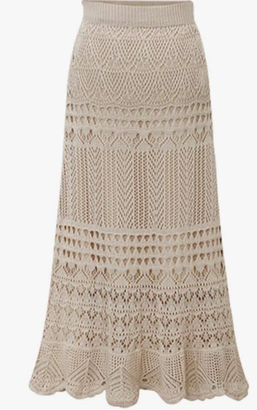 Stretched High Waist Crochet Hollow Out Knit Flowy Patterned Lace Maxi Skirt-